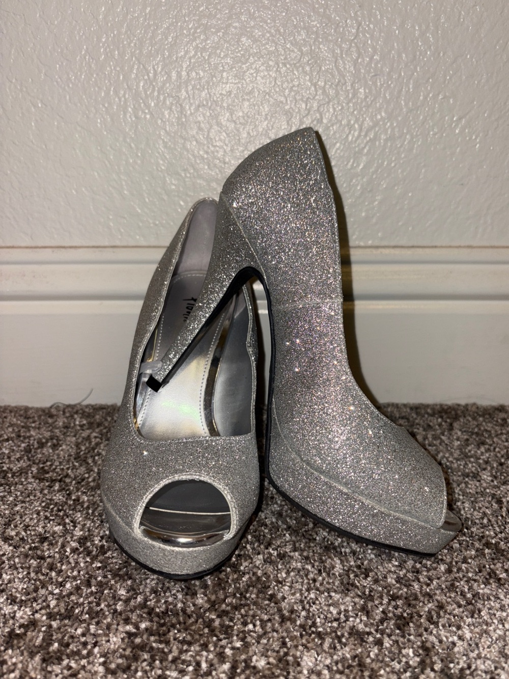 Silver Glitter Peep-Toe Platform Heels for Women